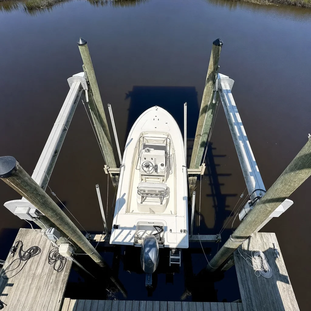 White recreational powerboat secured at wooden dock with lift pilings in calm coastal waterway.