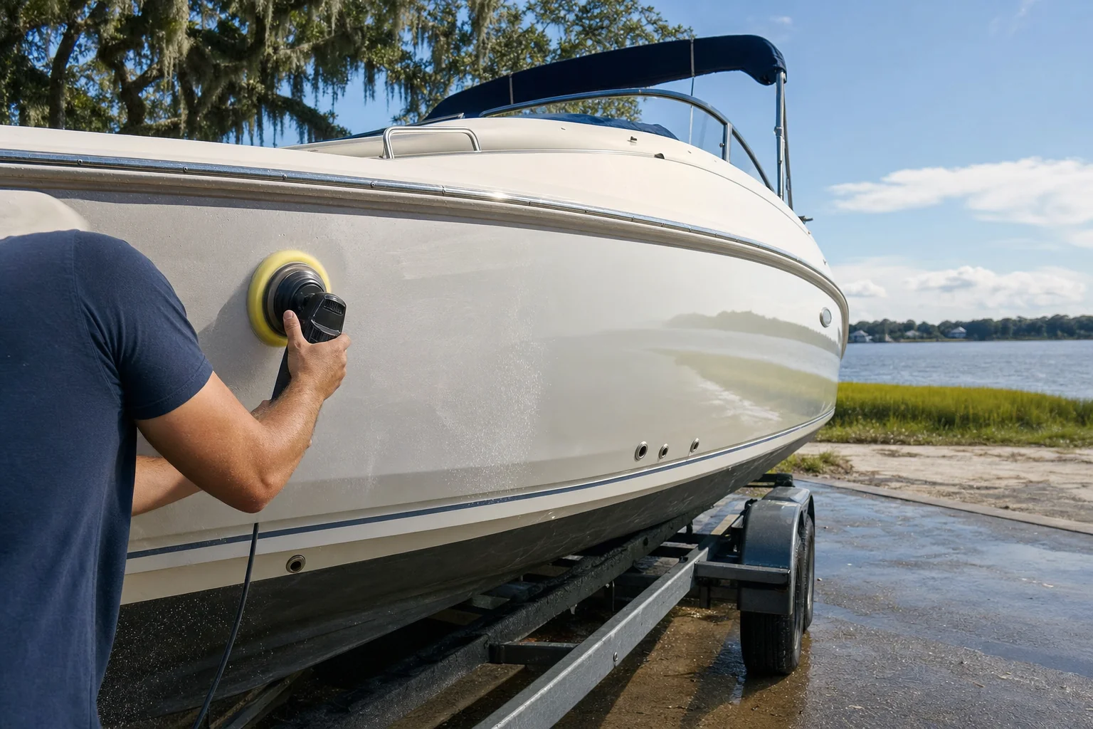 Technician polishing fiberglass hull of boat on trailer at waterside launch.