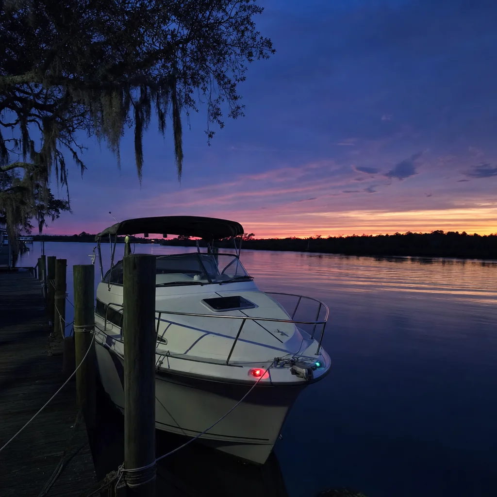 Recreational powerboat moored at wooden dock at dusk, Wilmington waterway with Spanish moss oak trees.