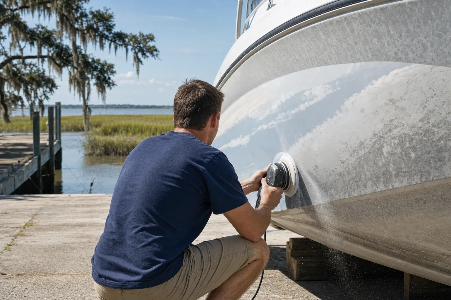 Technician inspects boat hull fitting at Wilmington waterfront dock with marsh grasses visible.