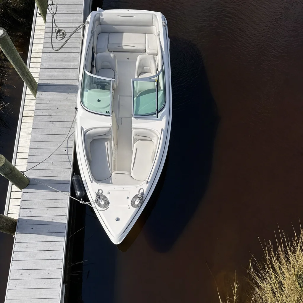 White recreational powerboat moored at wooden dock in Wilmington waterway, viewed from above.