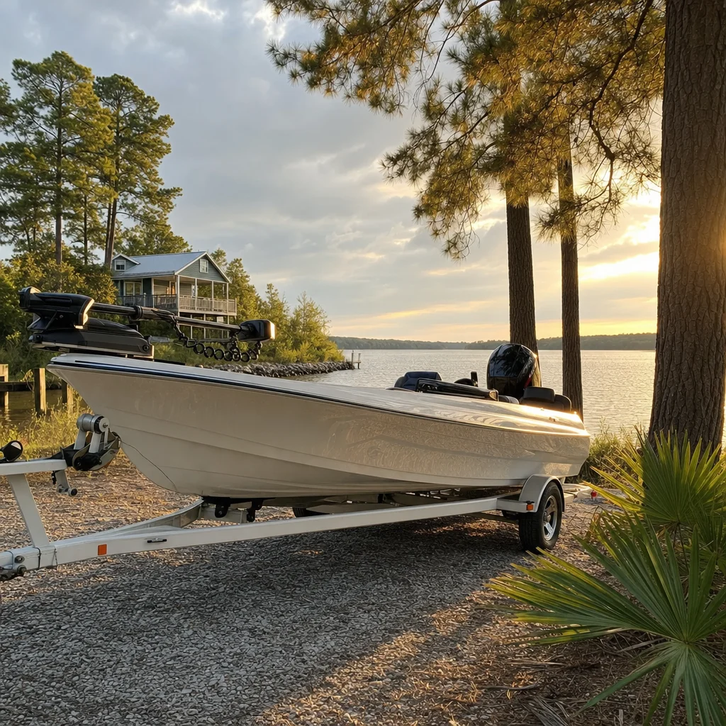 Fiberglass recreational powerboat on trailer at waterside dock, golden-hour lighting, coastal setting.