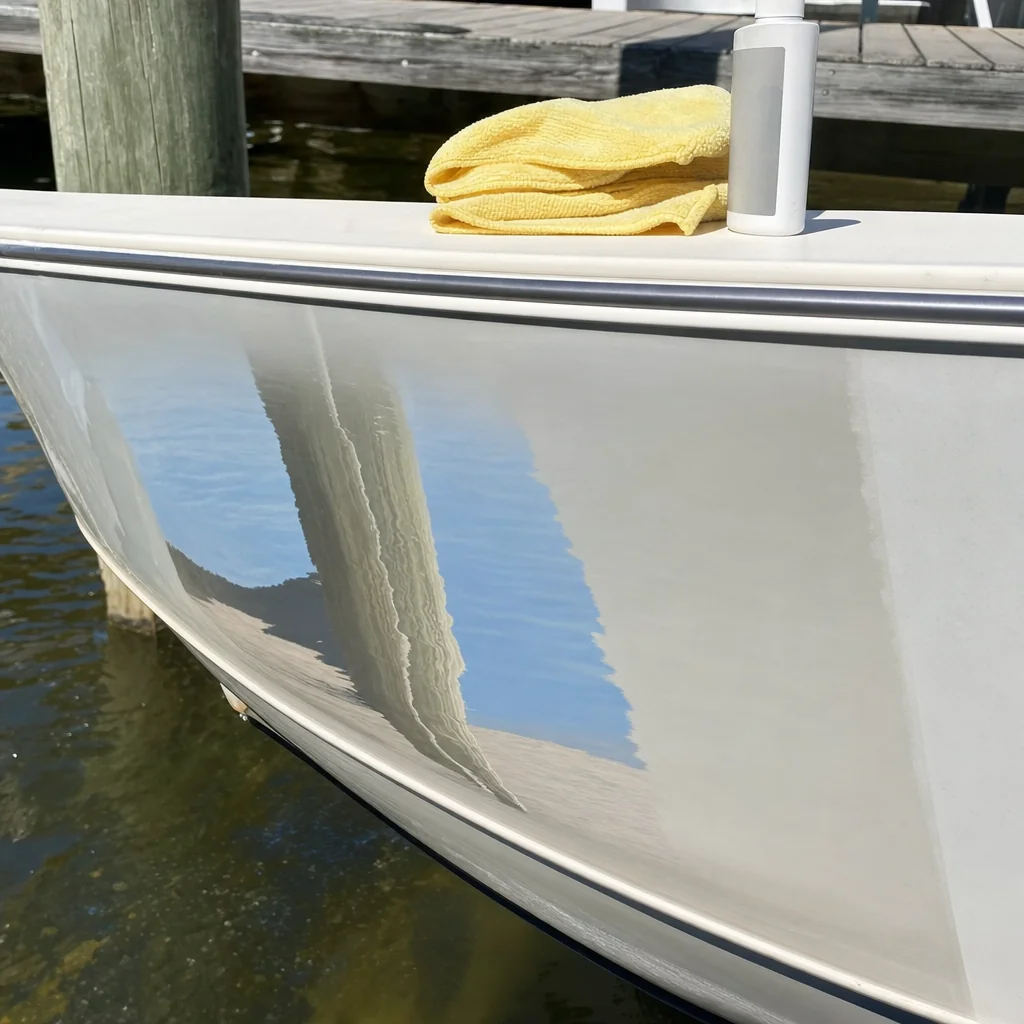Yellow microfiber cloth and cleaning product on boat gunwale at dock in Wilmington.