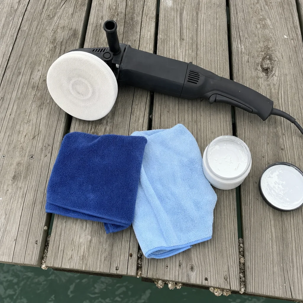 Boat detailing supplies arranged on weathered dock: polisher, microfiber towels, and wax containers.