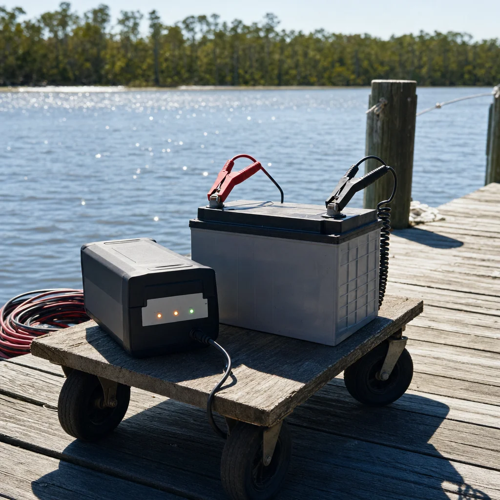 Marine battery charger and power supply on dock cart overlooking Wilmington waterway.