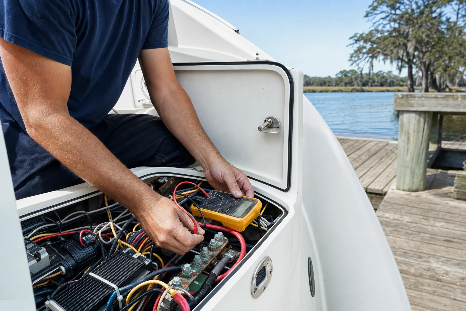 Technician uses multimeter to diagnose electrical system on boat at Wilmington dock.
