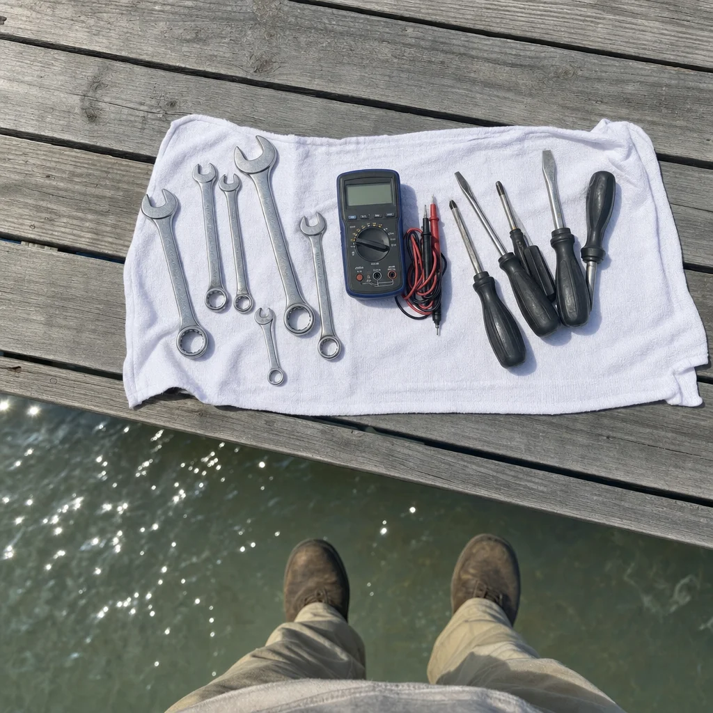 Marine mechanic's tools and multimeter laid on white cloth at dock in Wilmington.