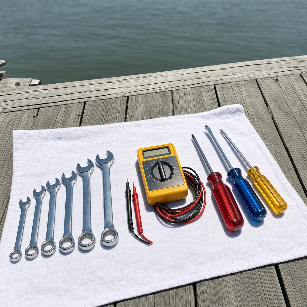 Marine electrical tools and multimeter arranged on white towel at dock overlooking water.