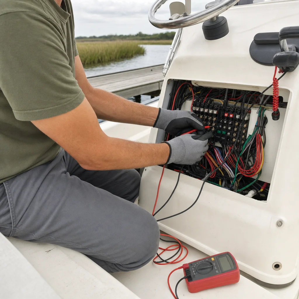 Technician inspects boat electrical panel with multimeter at dock, marsh landscape visible.