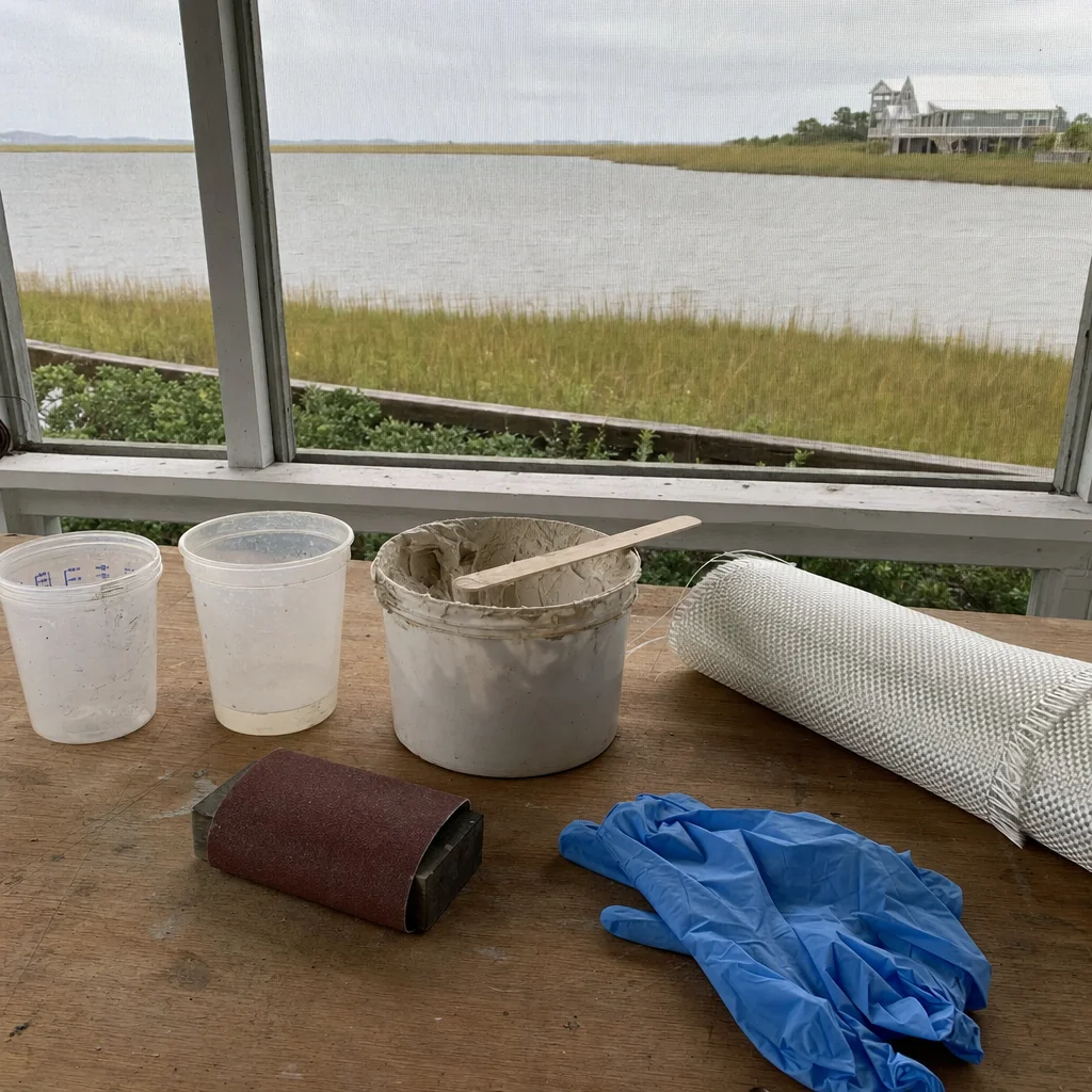Fiberglass repair materials and tools arranged on wooden table overlooking coastal marsh.