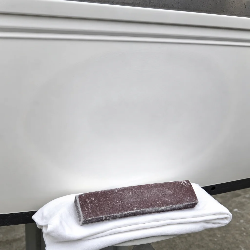 Fiberglass repair sanding block on white cloth against boat hull surface.