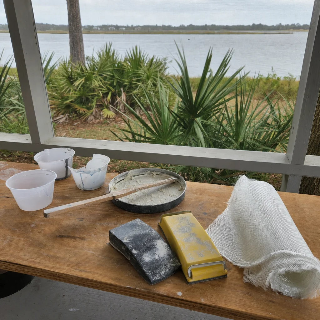 Fiberglass repair materials and tools arranged on wooden table overlooking coastal marsh.
