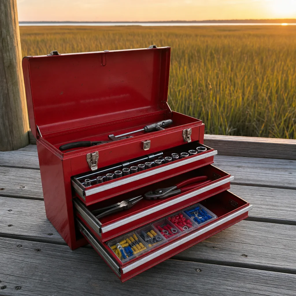 Red metal toolbox with organized sockets and wrenches on weathered dock decking.