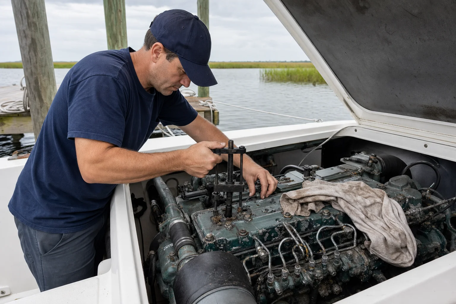 Technician inspecting corroded inboard diesel engine at dock with marsh backdrop.