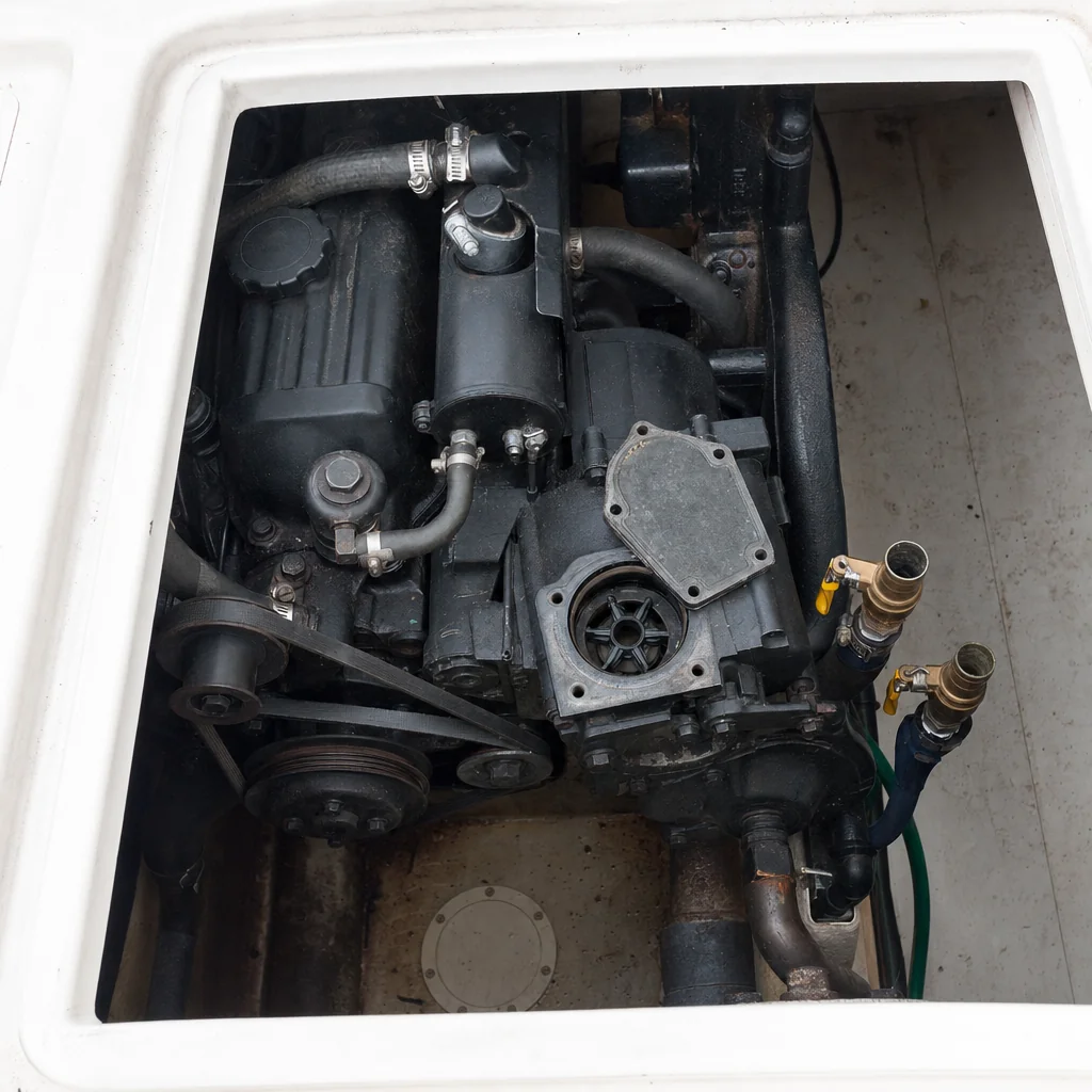 Inboard marine engine with visible fuel lines, bilge components, and salt-corroded fittings in engine compartment.