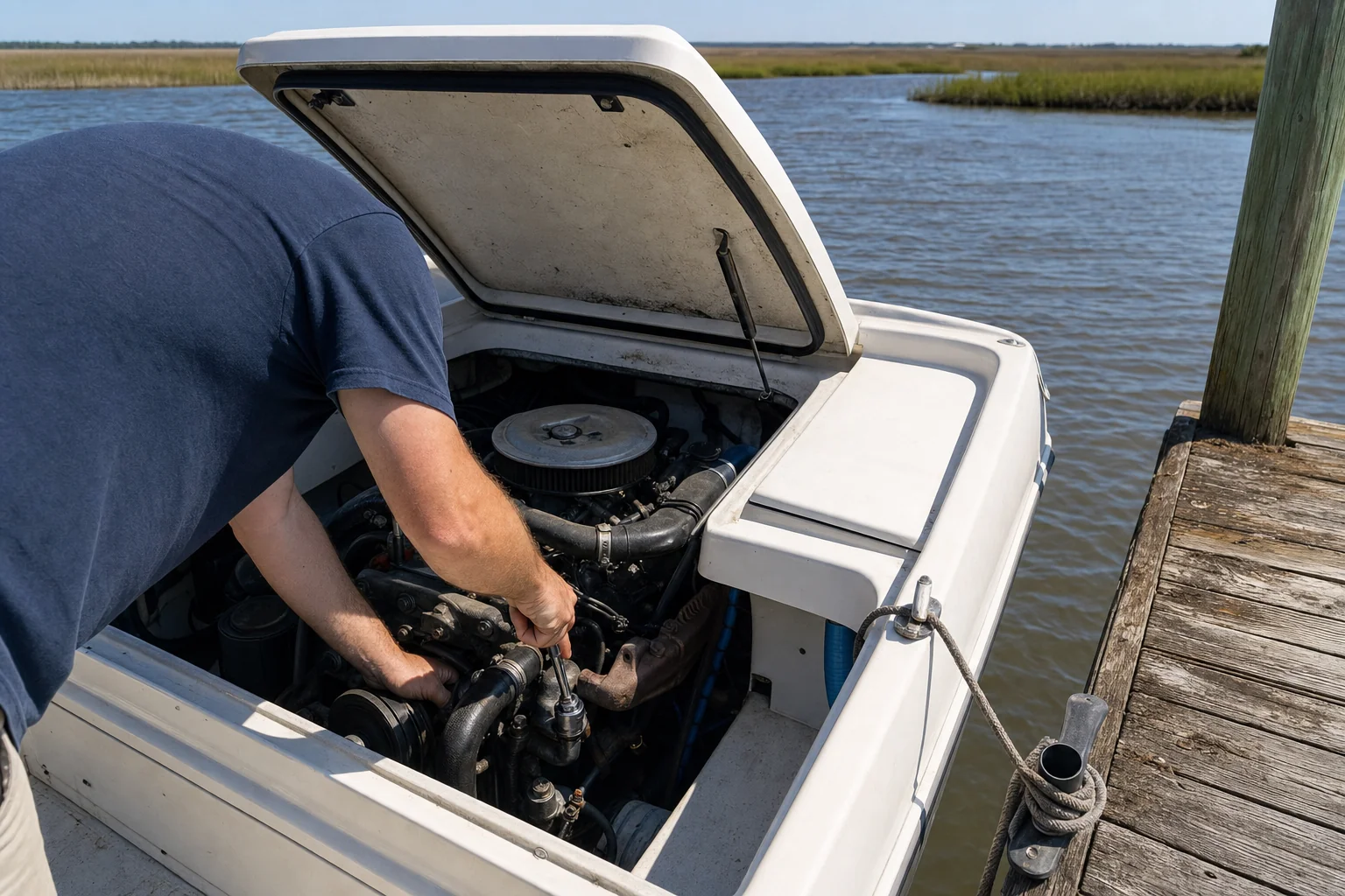 Technician inspects inboard engine components on boat at Wilmington dock.