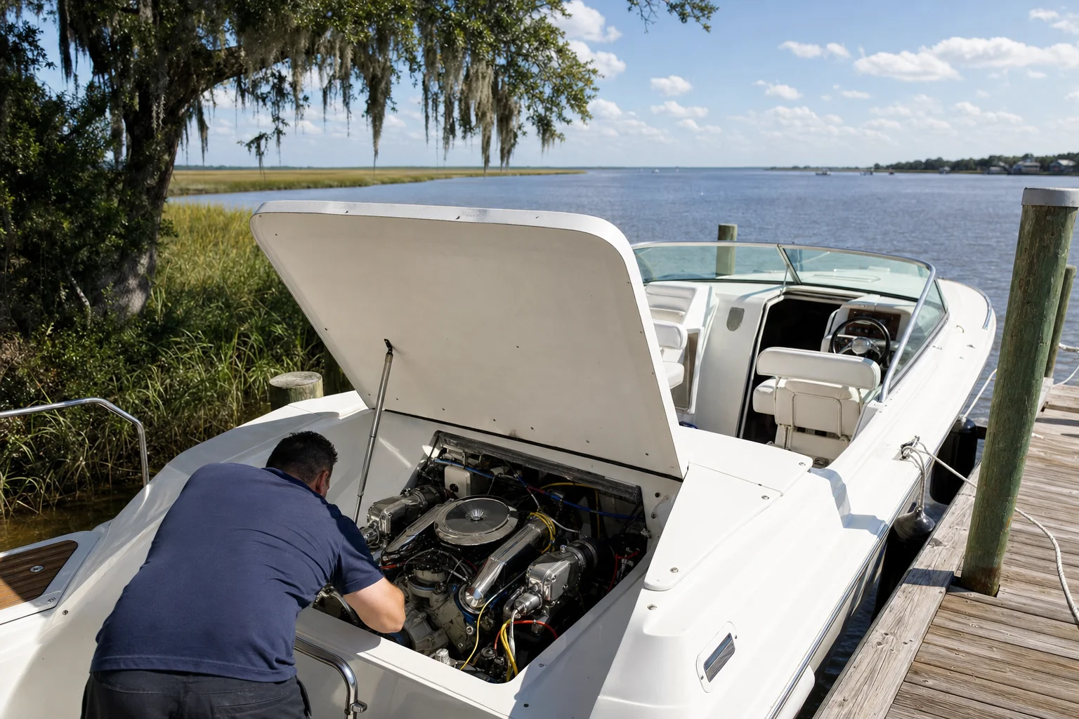 Technician inspects inboard engine on white fiberglass boat at Wilmington dock with marsh and live oak trees.