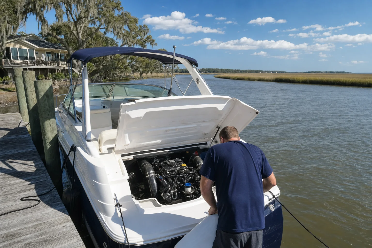 Technician inspects inboard marine engine on fiberglass powerboat at dock with coastal marsh backdrop.