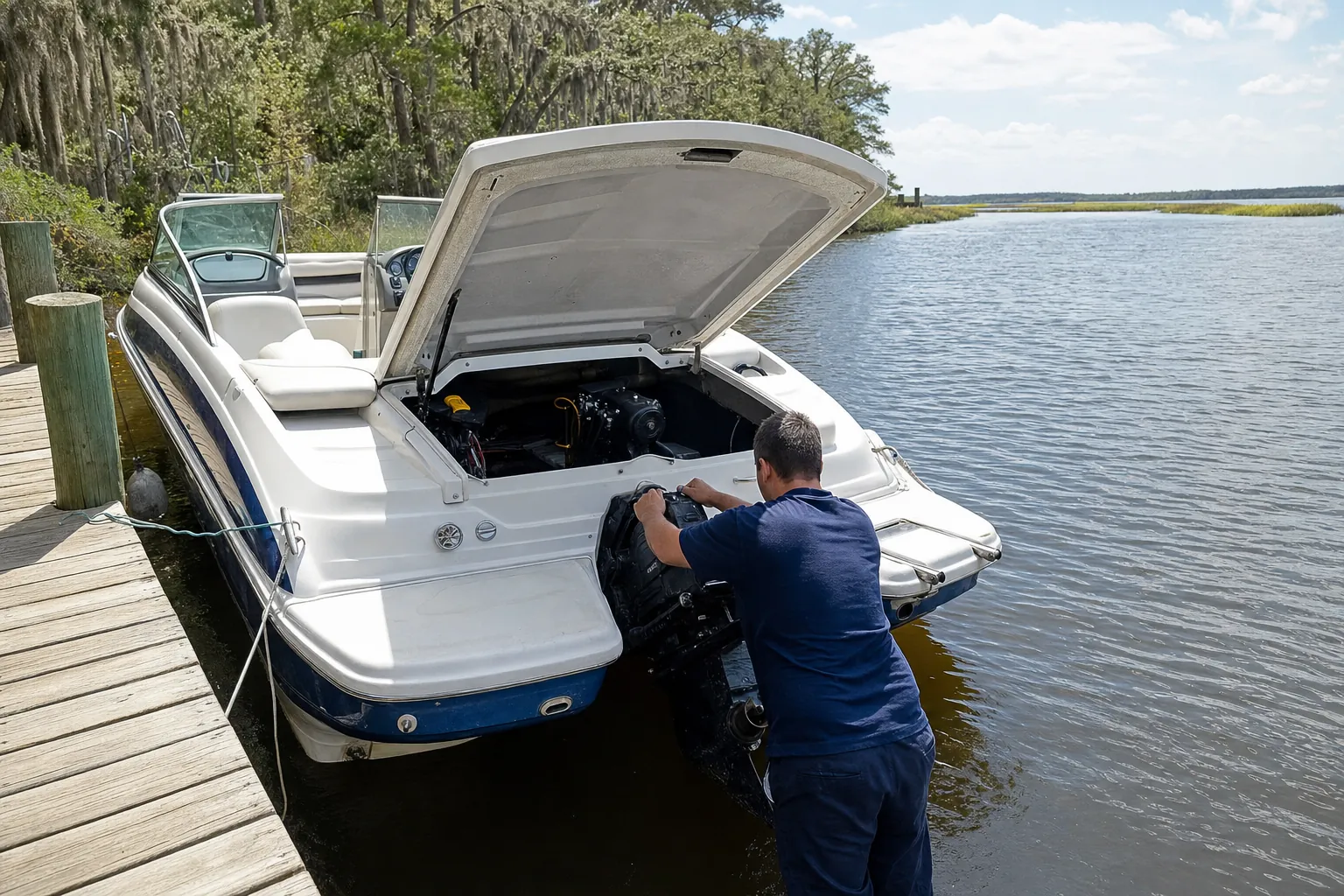 Technician inspecting inboard engine in fiberglass boat at Wilmington dock with Spanish moss trees.
