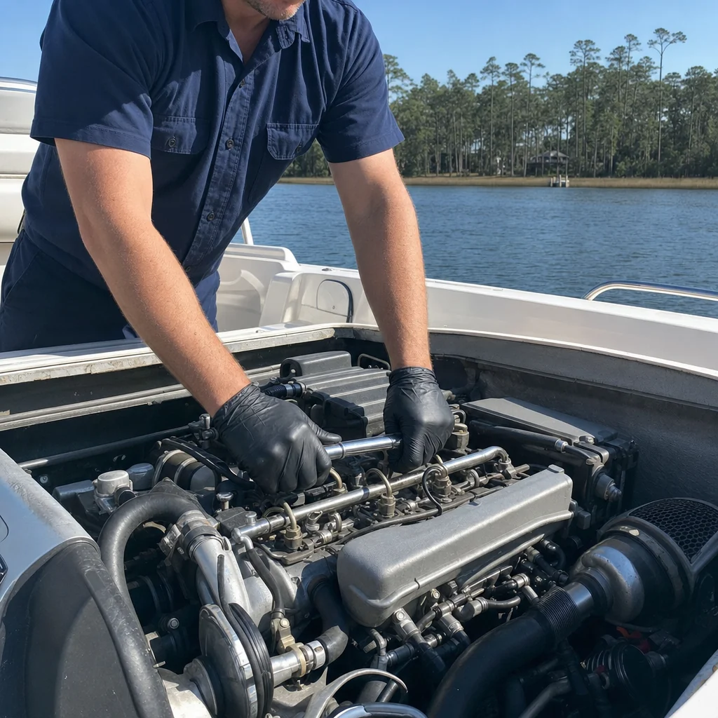 Technician inspects inboard marine engine with hands-on diagnostic work at boat dock.