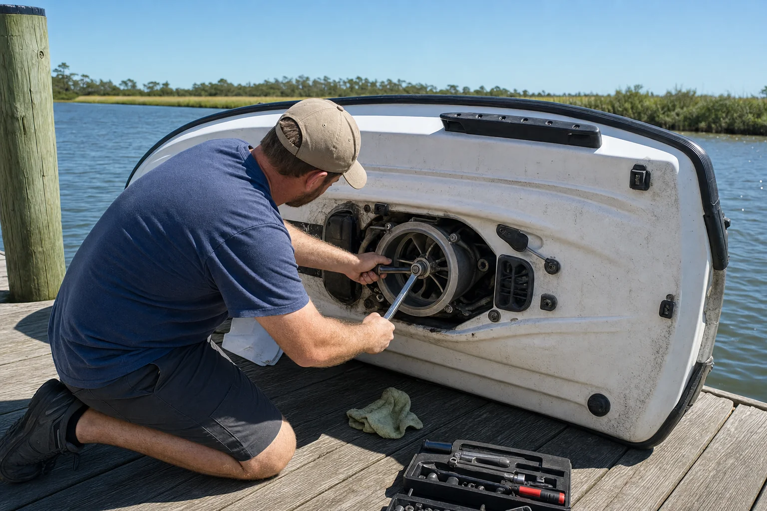 Technician repairs jet ski engine at dock with marsh vegetation visible across water.