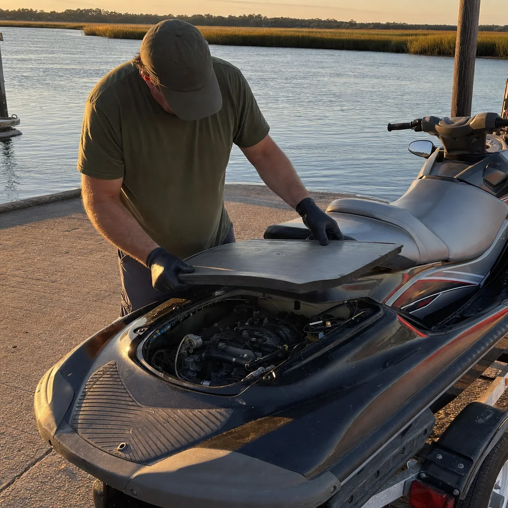Technician inspecting jet ski engine at waterside dock in golden afternoon light.