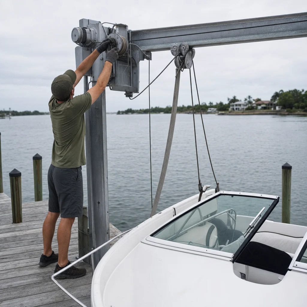 Technician adjusting boat lift motor at Wilmington dock with fiberglass powerboat moored below.