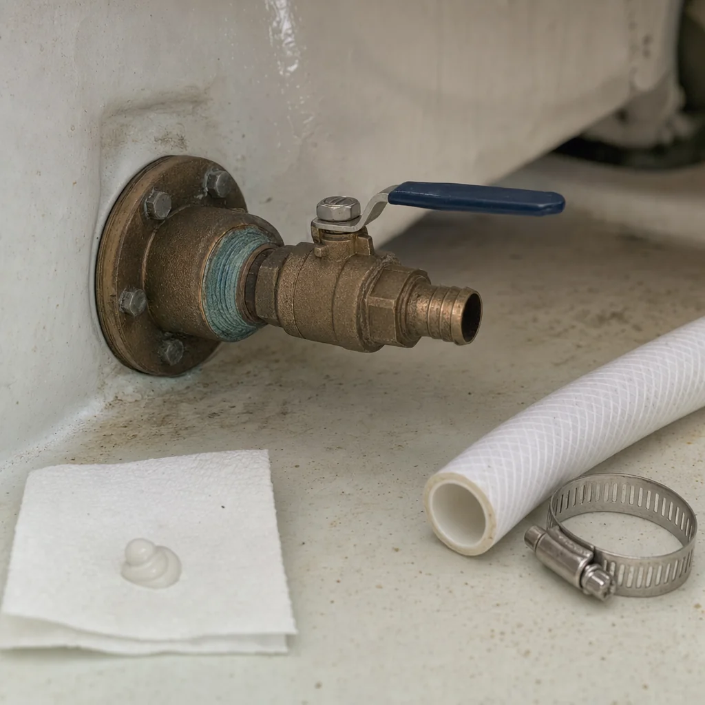 Corroded marine through-hull fitting with blue valve handle and white hose connection during inspection.
