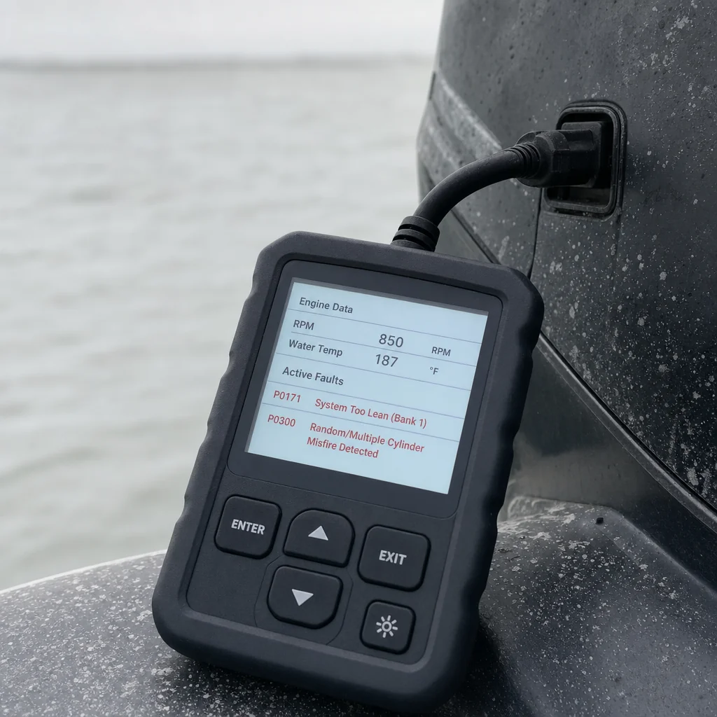 Marine diagnostic scanner displaying engine fault codes on boat hull at waterside location.