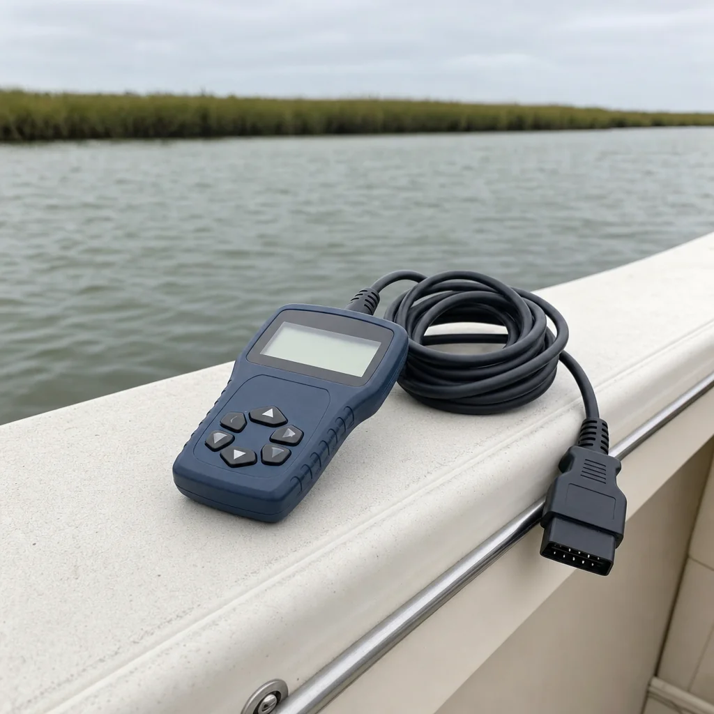 Marine diagnostic scanner with cable coiled on boat gunwale, marsh vegetation and waterway visible behind.
