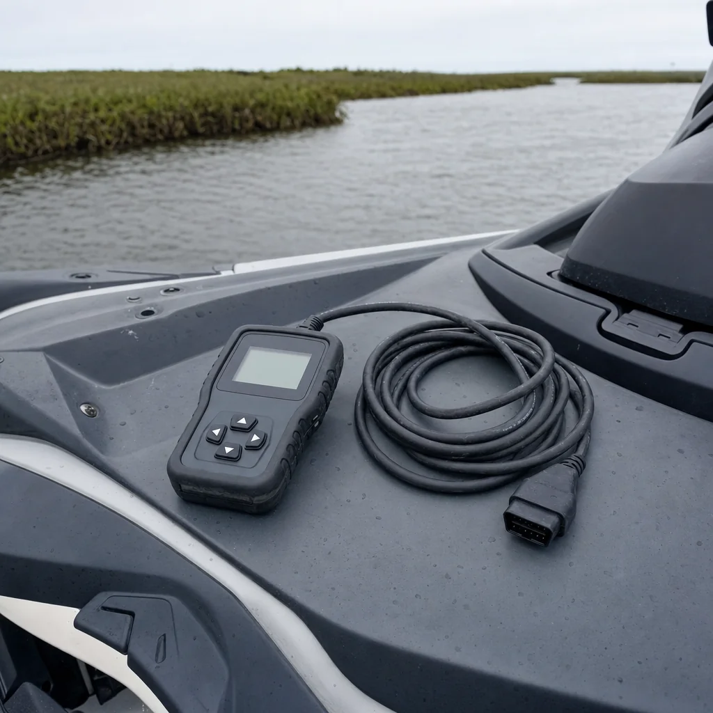 Marine diagnostic scanner and cable on boat console overlooking coastal marsh waterway.