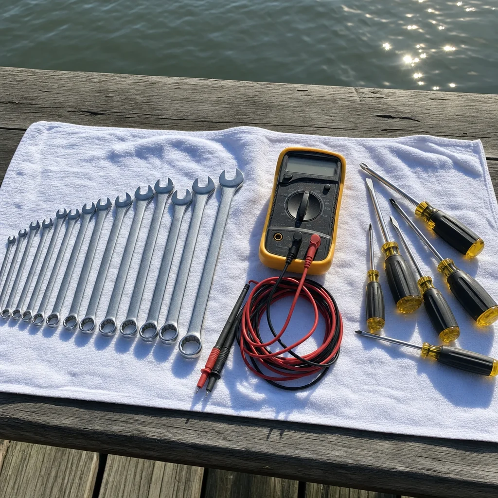 Marine diagnostic tools arranged on dock: wrenches, multimeter, screwdrivers, test leads.