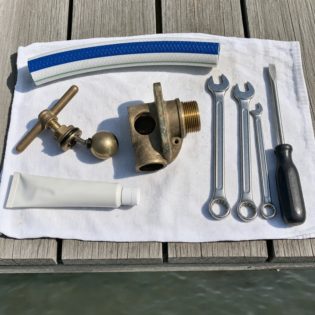 Marine engine components and tools laid out on dock towel for inspection and repair.