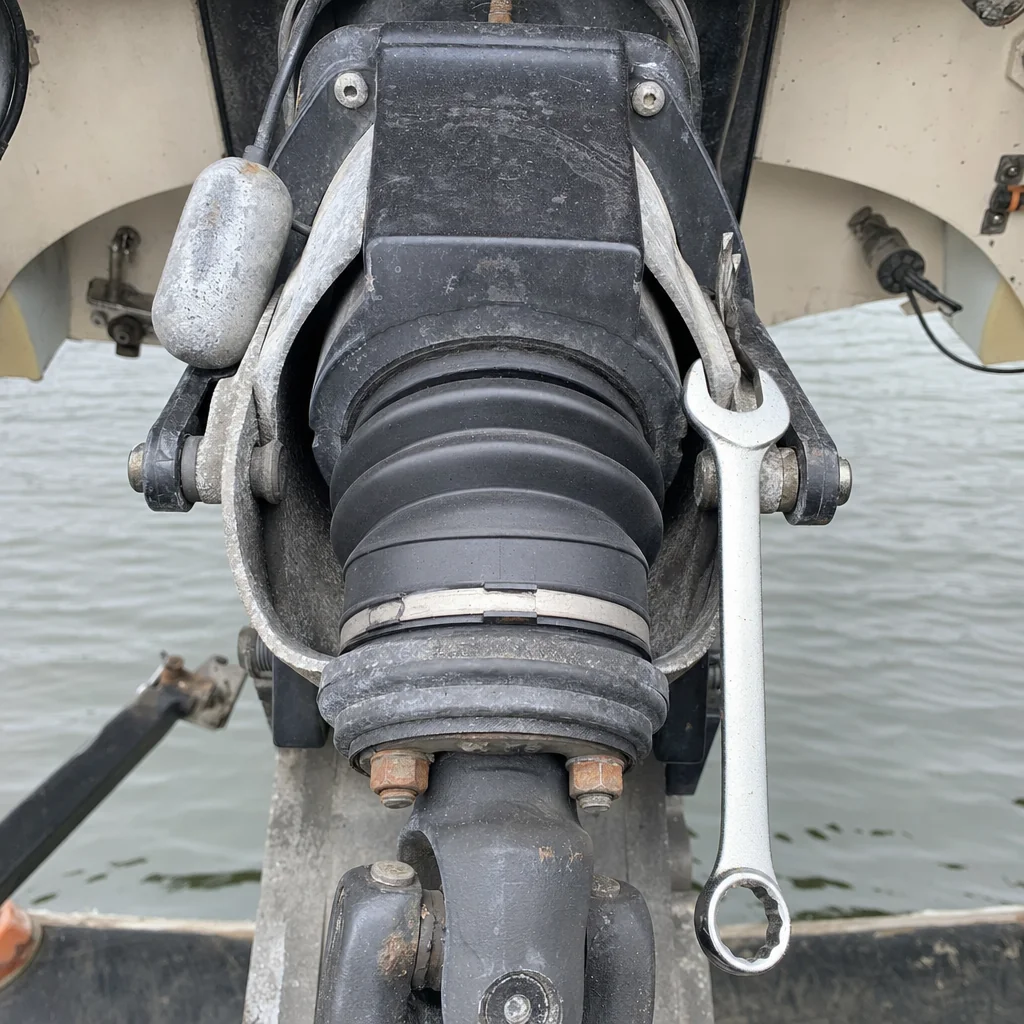 Corroded outboard engine mount and transom bracket showing salt-water fouling and rust at boat ramp.