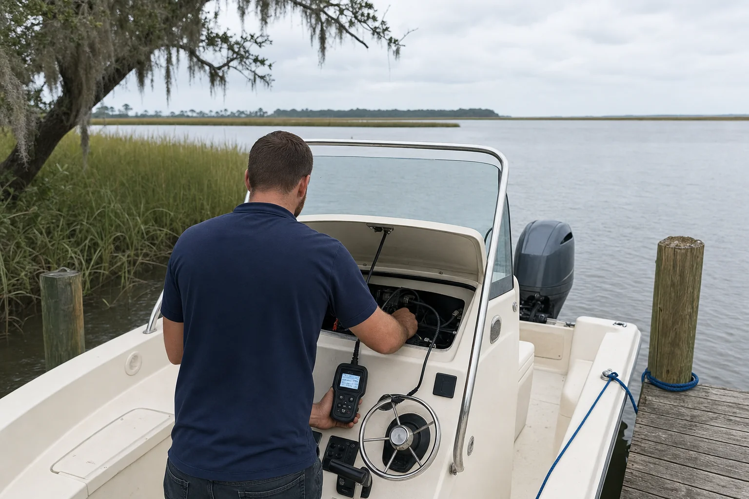 Technician inspects outboard motor with diagnostic tool at dock in Wilmington coastal setting.