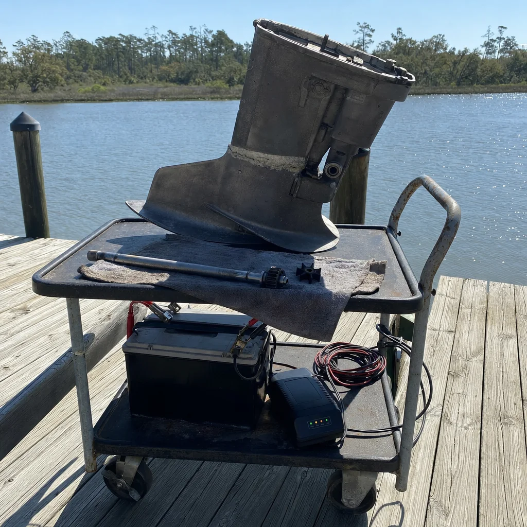 Salt-fouled outboard engine cowling and diagnostic equipment on dock workbench at Wilmington waterfront.