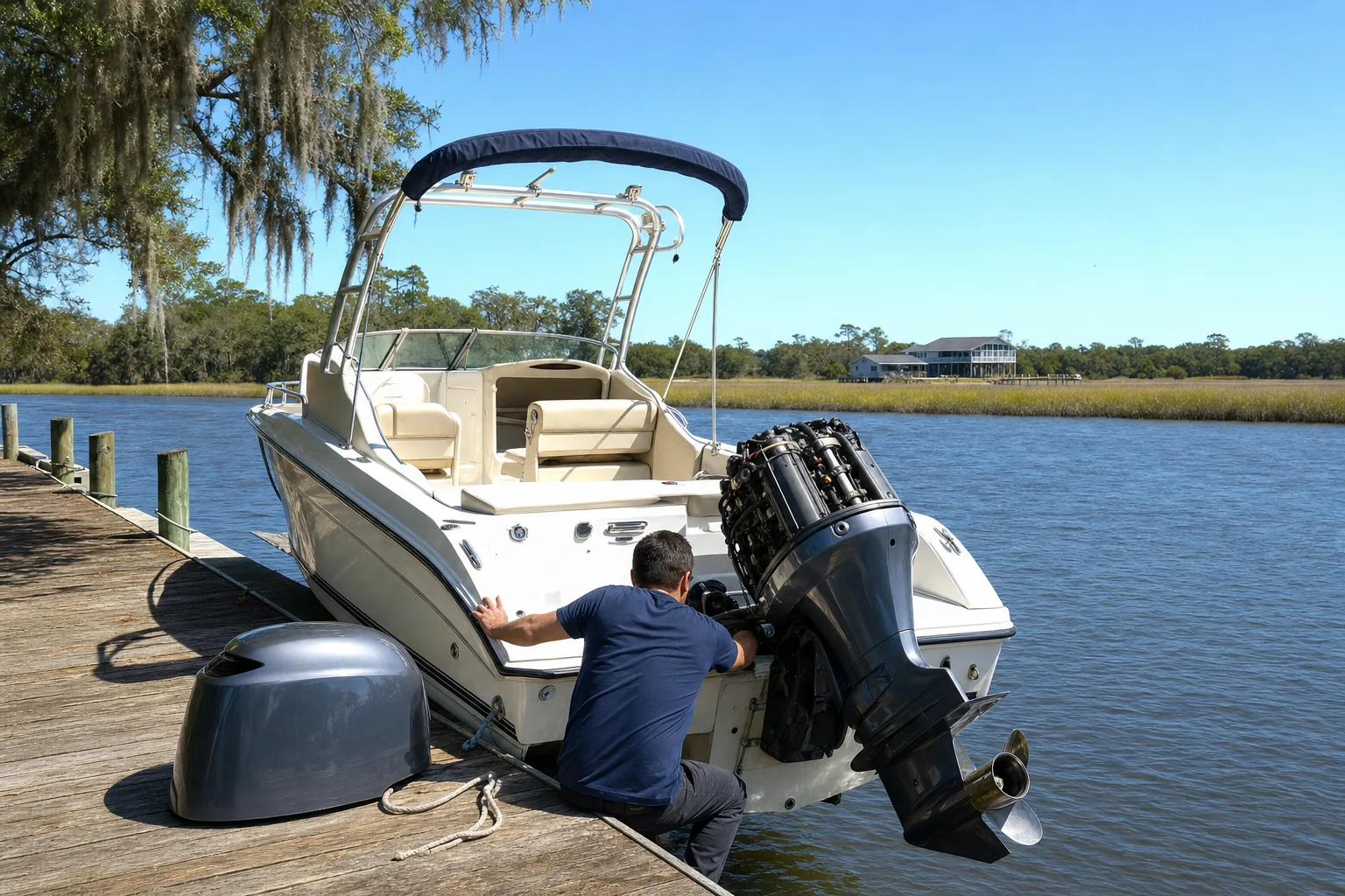 Technician inspects outboard motor on recreational boat at riverside dock with Spanish moss trees.