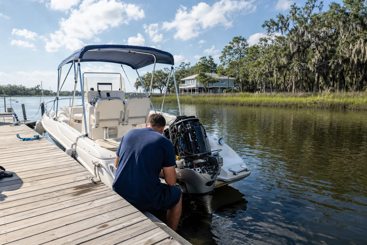 Technician inspects outboard engine on recreational boat at dock in coastal waterway.