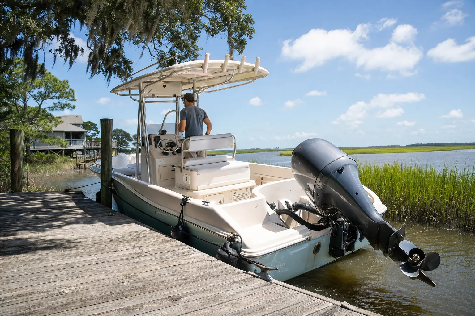 Recreational powerboat with outboard engine docked at wooden pier near marsh vegetation.