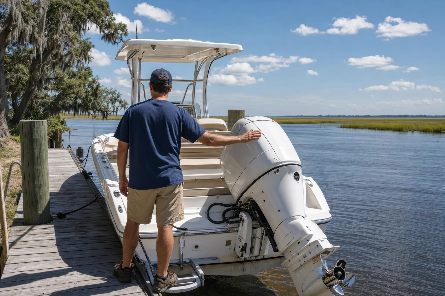Technician inspecting outboard engine on recreational boat at Wilmington dock.