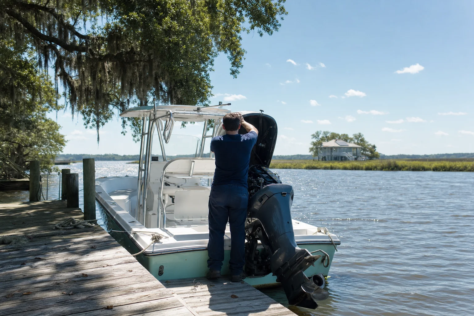 Technician inspecting outboard motor on boat at dock with Spanish moss trees.