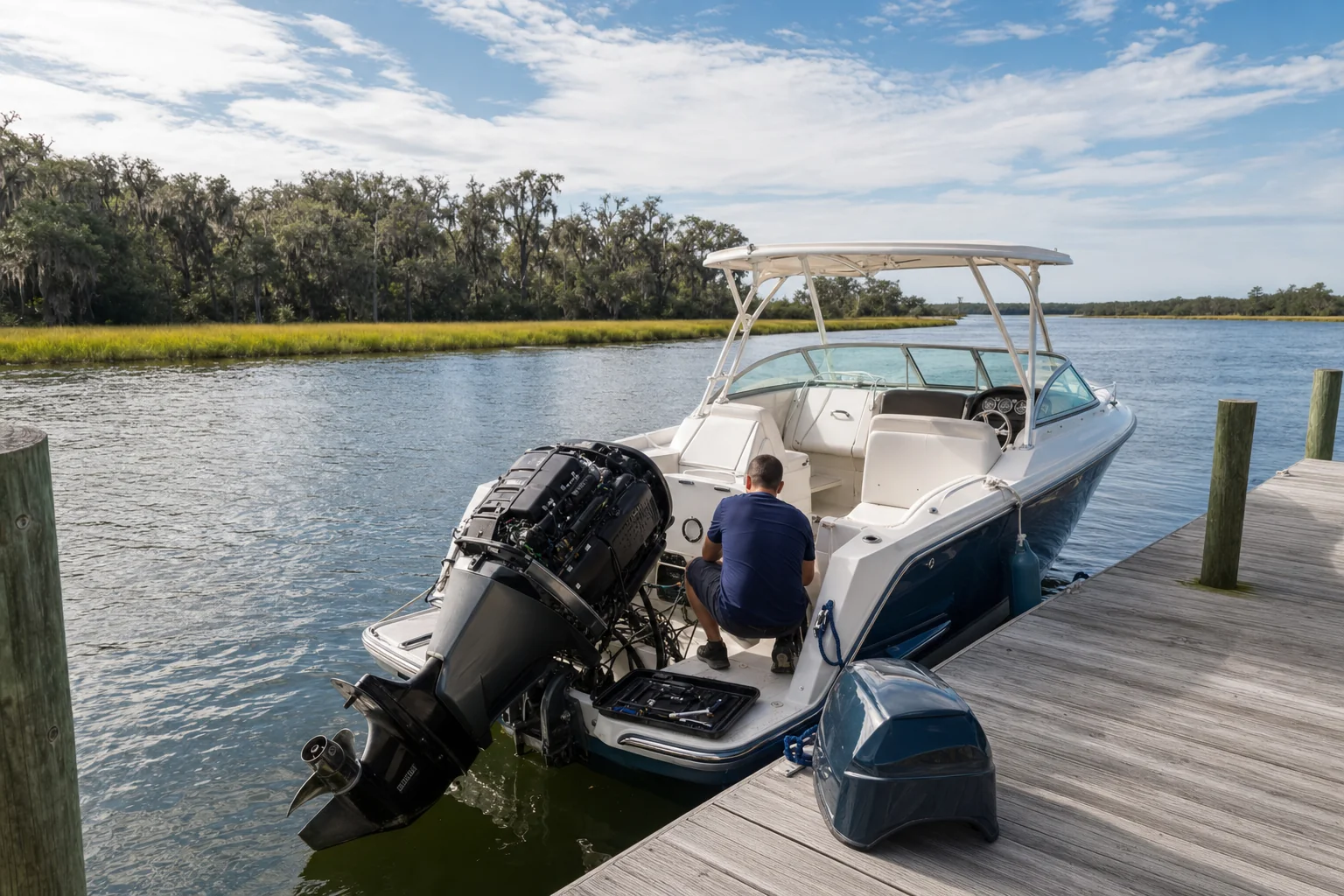 Technician inspecting outboard engine on recreational powerboat at dock in coastal waterway.
