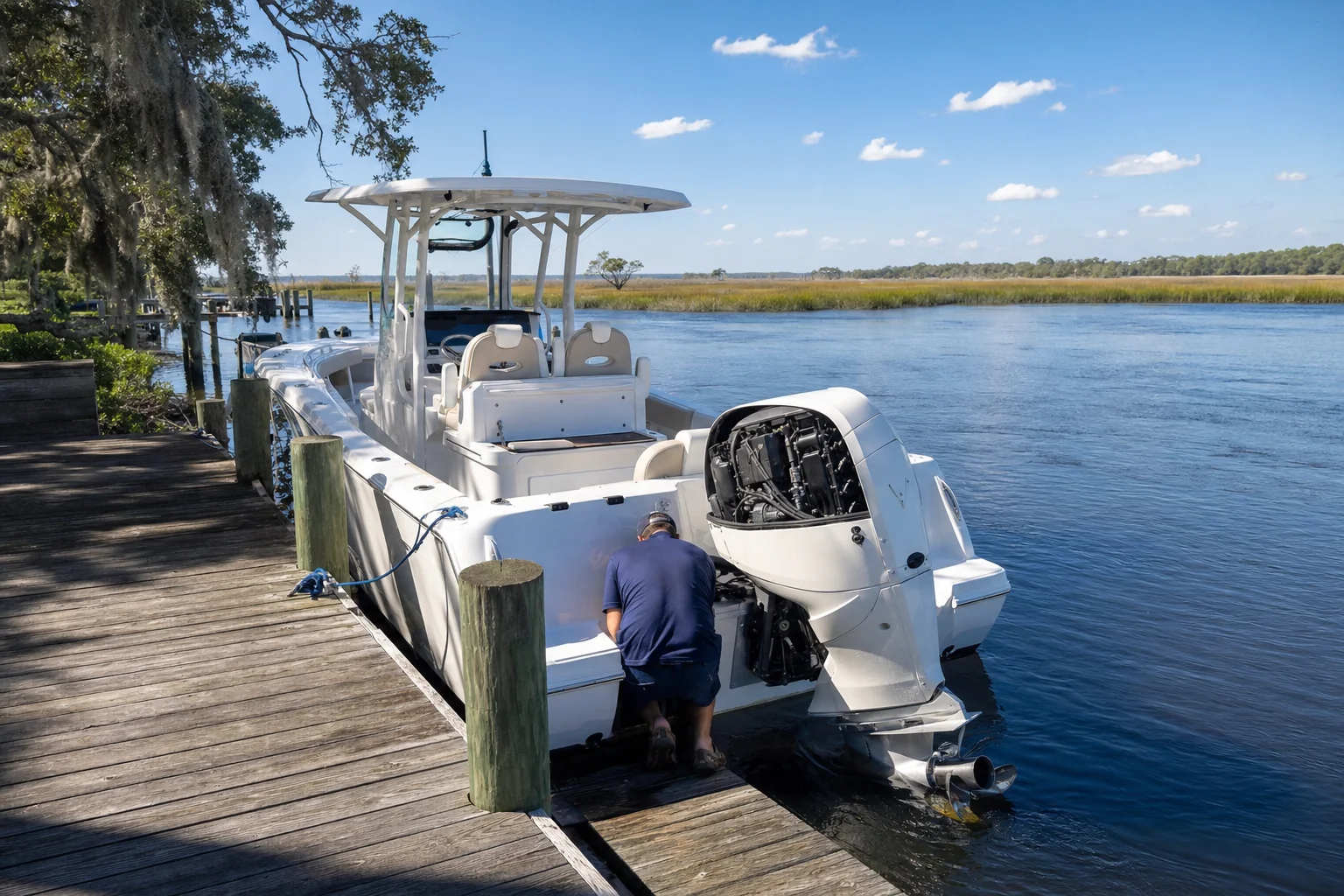 Technician inspecting outboard engine on recreational boat at Wilmington dock with marsh backdrop.