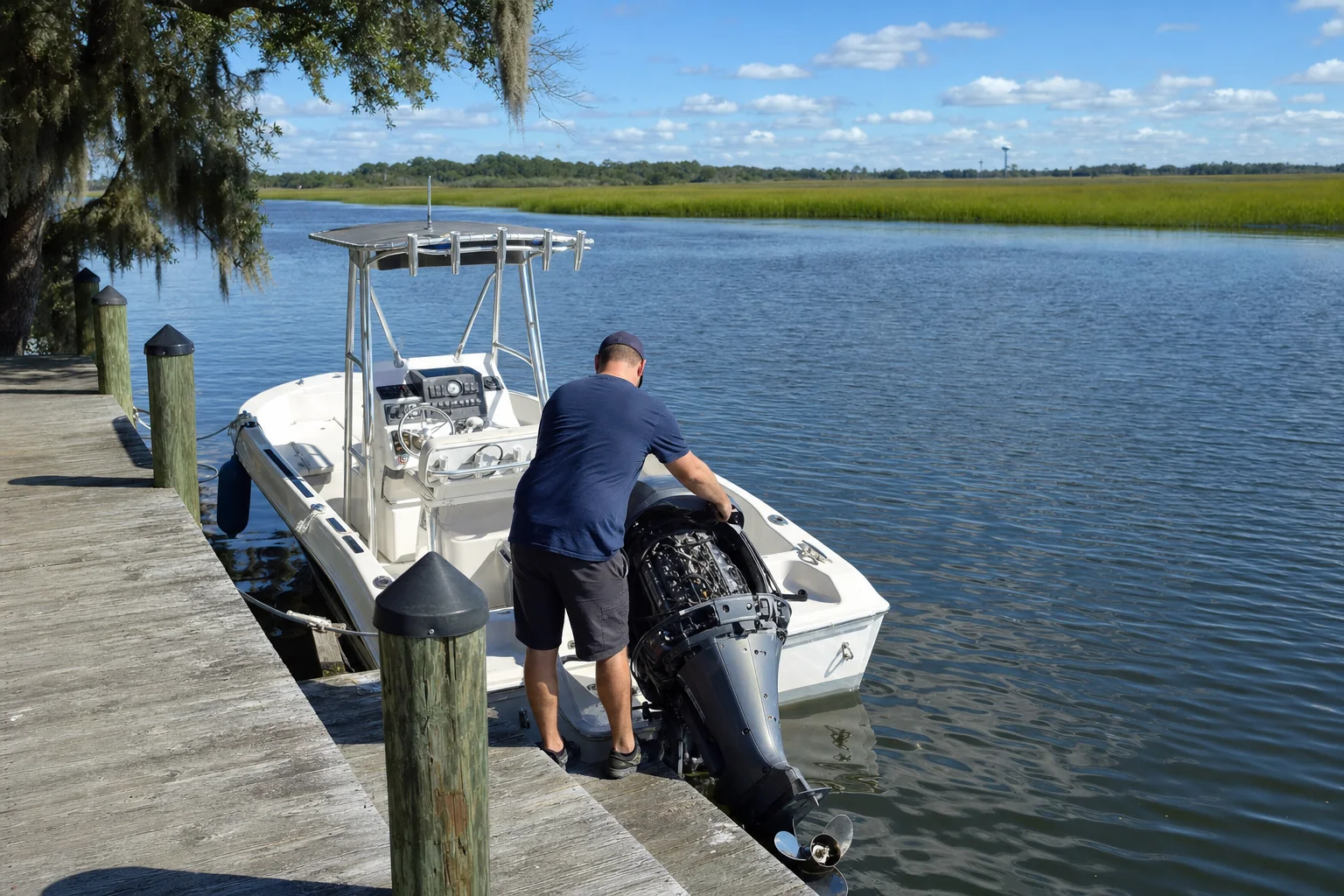Technician inspecting outboard engine on boat at Wilmington dock with marsh landscape.