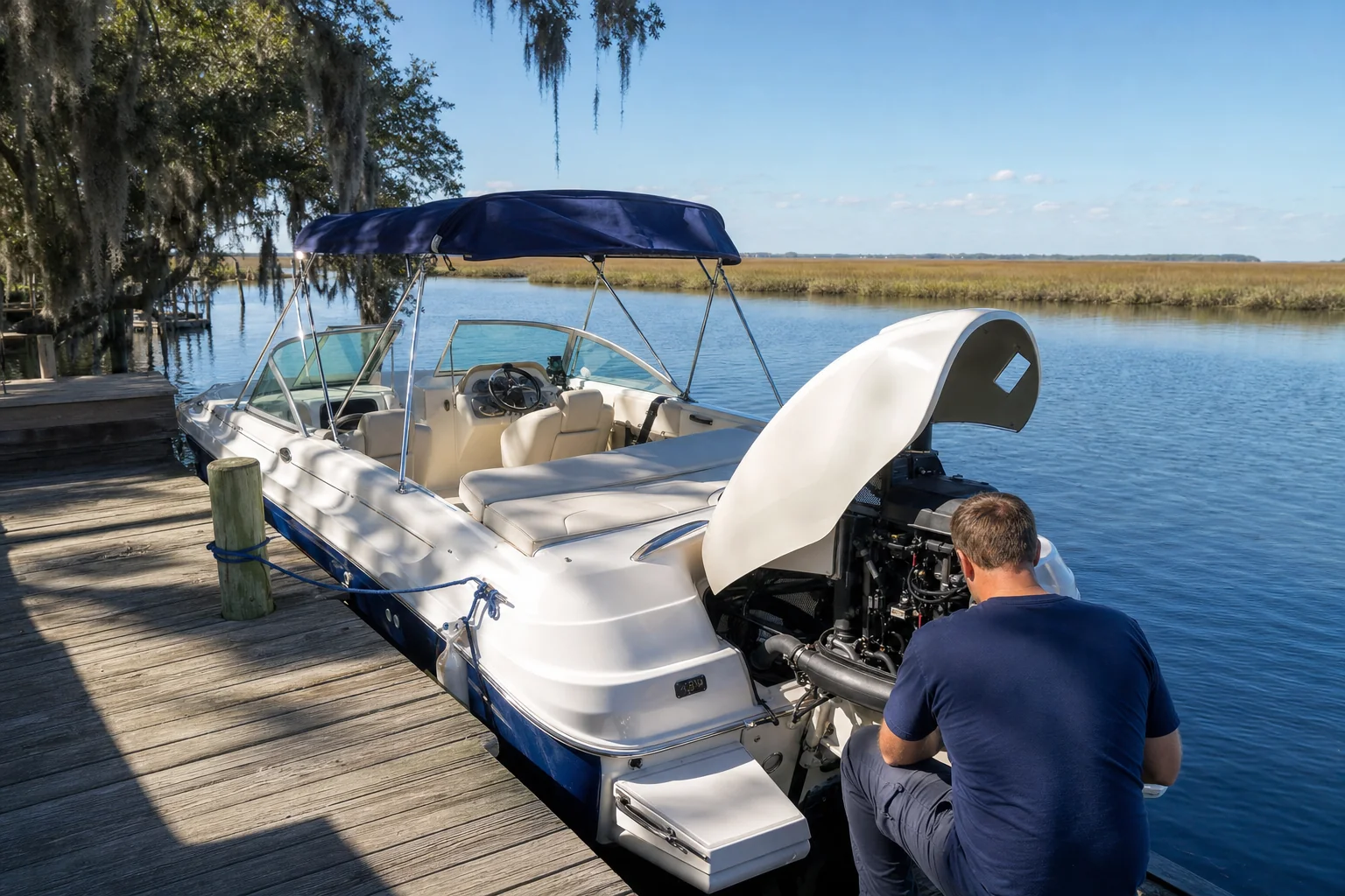 Technician inspects outboard engine on recreational boat at dock with Spanish moss trees.