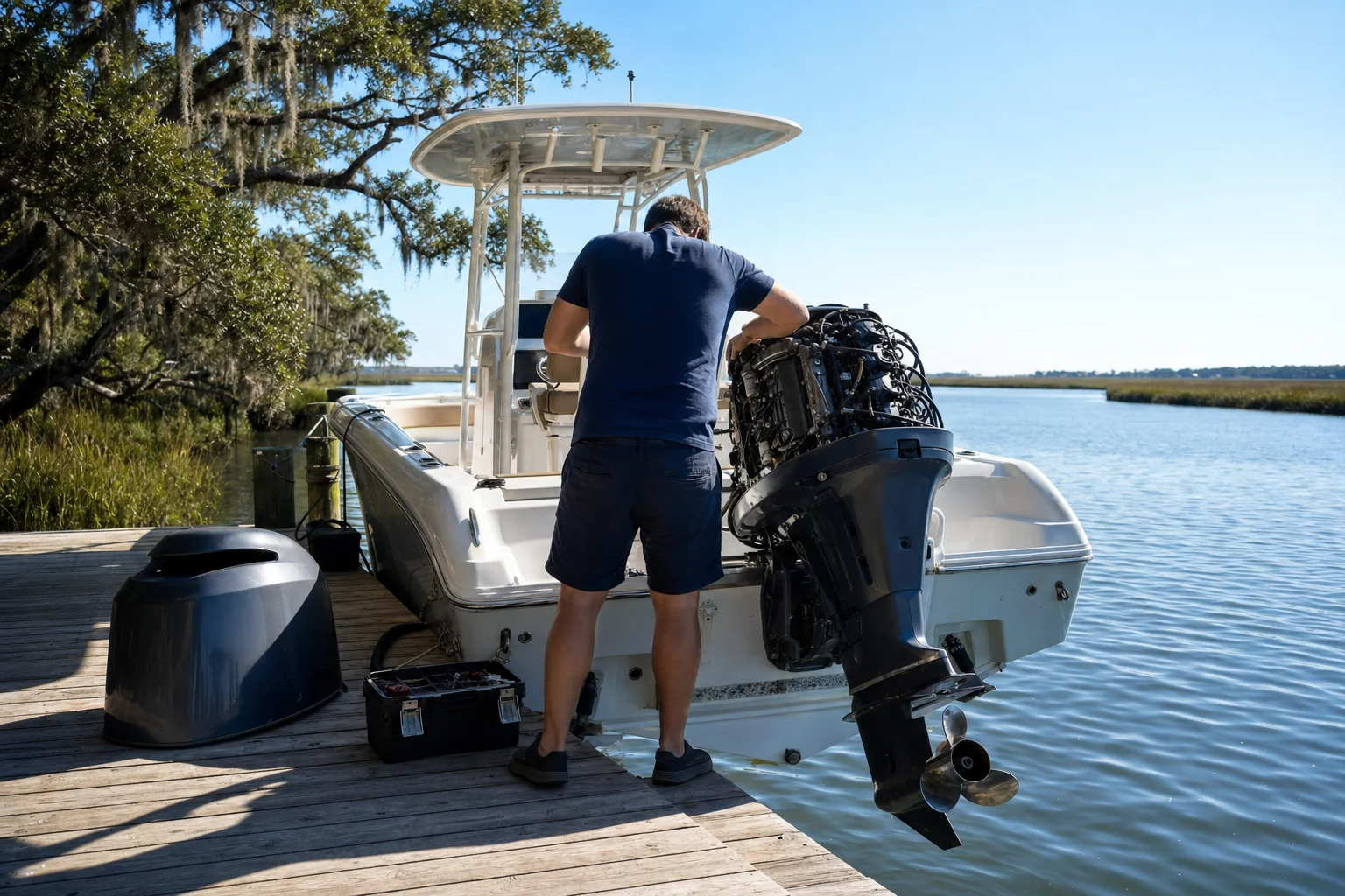 Technician inspects outboard engine on boat at Wilmington dock with Spanish moss trees.