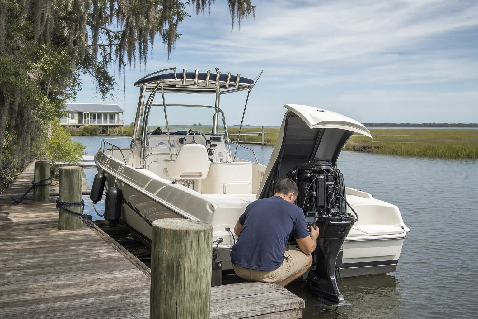 Technician inspects outboard engine on recreational boat at Wilmington dock with marsh vegetation.
