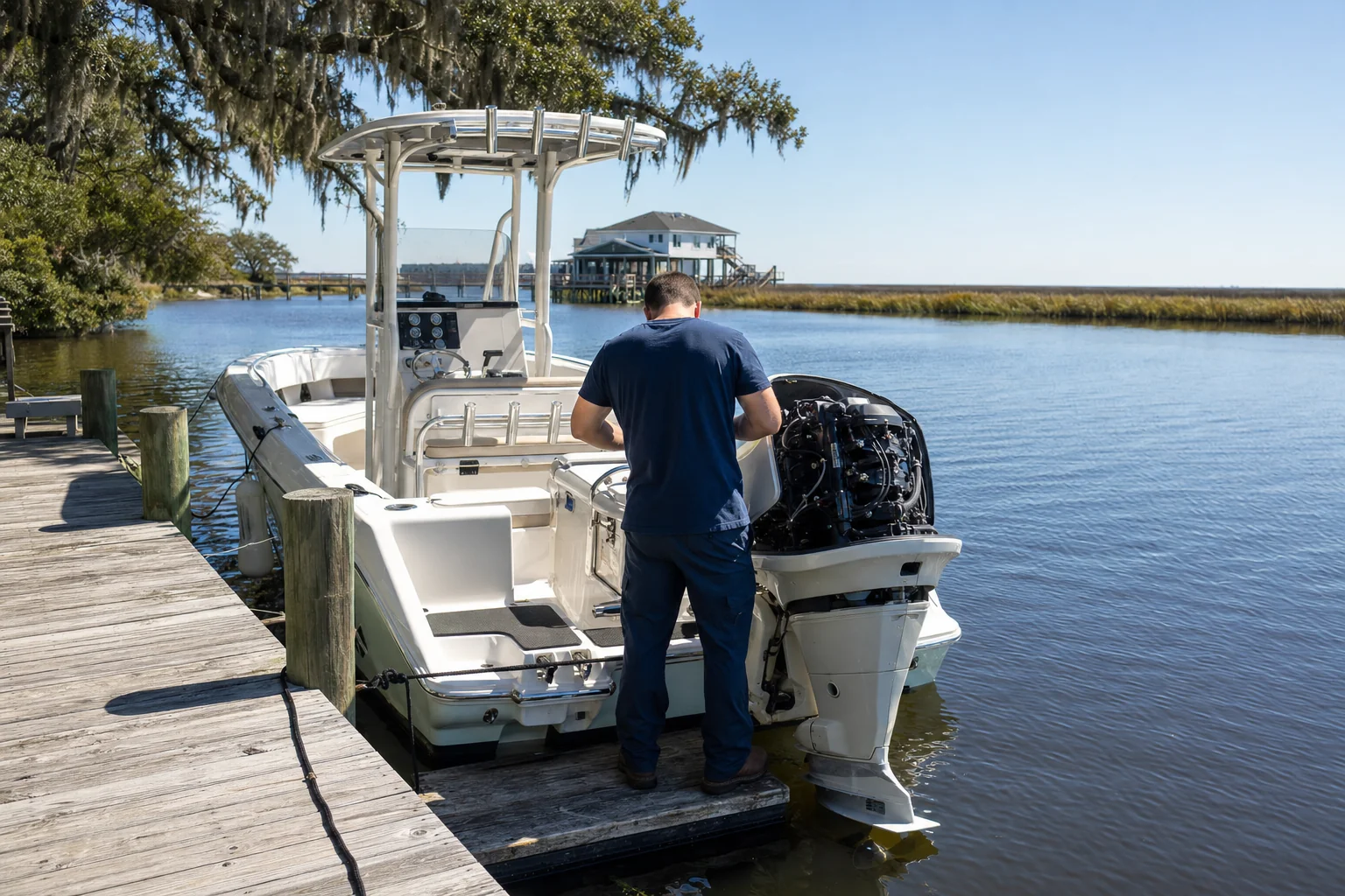 Technician inspecting outboard engine on recreational boat at dock with Spanish moss-draped live oaks.