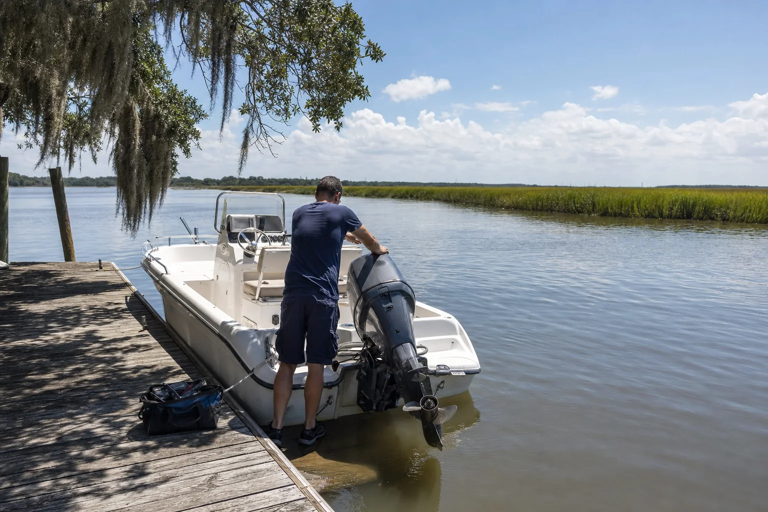 Technician inspecting outboard motor on recreational boat at dock in coastal waterway.