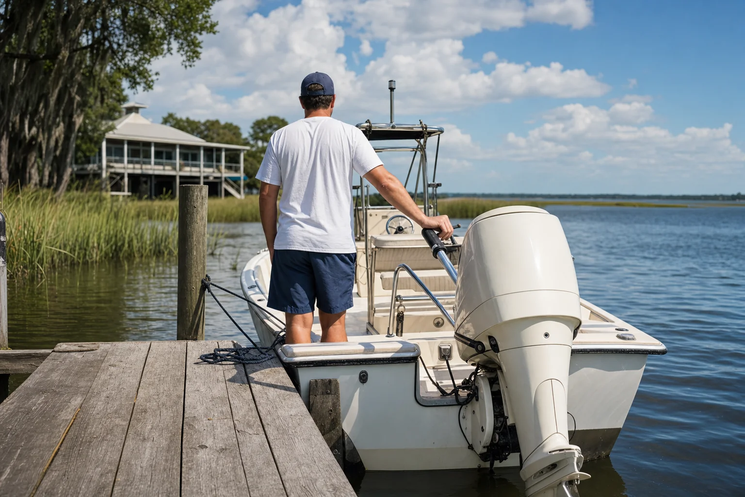 Technician inspects outboard motor on boat at Wilmington dock with marsh and coastal cottage visible.